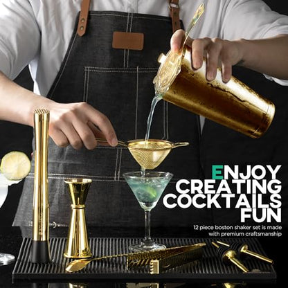 Homestia 12 Pieces Boston Cocktail Shaker Set, Mixology Bartender Kit, Gold | Stainless Steel Bar Set Accessories, 18 oz/28oz Weighted Boston Shaker Tins, Martini Shaker Mixing Tools for Home Bartending - color: Gold