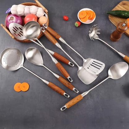 18/10 Stainless Steel Kitchen Utensils Set with RooseWood Handle | 15″ Metal Cooking Tools, 8-Pieces Cooking Spoons Set - Spatula, Ladle, Skimmer, Turner, Pasta, Solid Spoon, Slotted Spoon