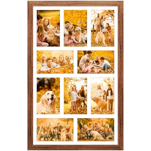 13x21 Collage Frame with 10 Openings 4X6 Pictures, Multiple Picture Frame with Mat, Wall or Tabletop Decor, Carbonized Brown Wood Grain,1 Pack - color: Carbonized Brown, size: 13x21-(10 open4x6)-1P