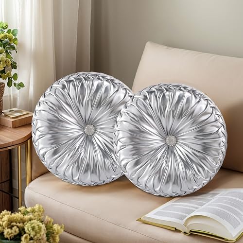 HIG Set of 2 Silver Metallic Leather Decorative Round Pleated Throw Pillows | Vintage Floor Pillows, Classy Accent Pumpkin with Center Button, for Sofa Couch Vanity Chair Bed, 14.5" Diameter - color: Silver, size: 2 Count (14.5 Inch Diameter)