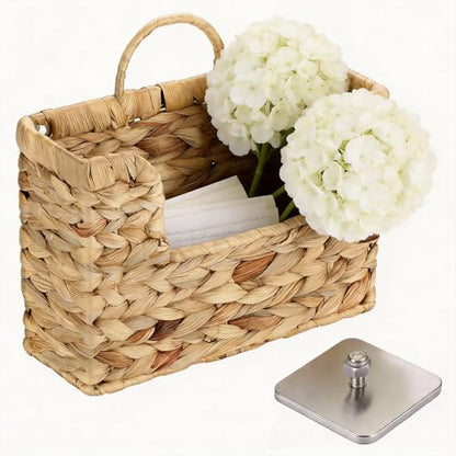 Handwoven Water Hyacinth Wall Basket Storage with Non-Trace Nails - Decorative Hanging Magazine File Holder & Mail Organizer for Wall or Desk - Damage-Free Wicker Book Basket for Office & Home