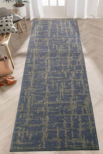 Hallway Runner Rug Non Slip Rubber Backing, 26 inch x 12 ft, Abstract Blue, Heavy Duty Berber Style Carpet Runner for Entryway, Kitchen, Bathroom, Bedroom, Laundry Room. - color: Abstract Blue, size: 12 Foot Long Runner Rug