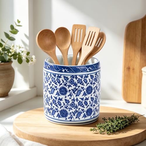 Large Blue and White Ceramic Utensil Holder Crock Chinoiserie Floral Design | Kitchen Countertop Organizer for Cooking Utensils Spatula Spoon Fork Home Decor Party