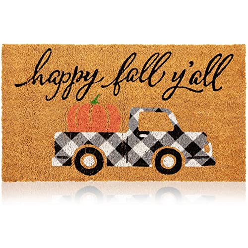 Juvale Rectangular Coir Door Mat - Sturdy Vinyl Base & Outdoor Fall Door Mat - Natural Fiber Construction & Fall Outdoor Rug - Playful Truck & Pumpkin Graphic - 17"x 30", Multi Color - color: 17"x 30", Multi Color