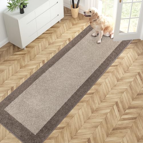 PURRUGS Hallway Runner Rug, 24" x 84", Beige & Grayish Brown | Machine Washable, Non-Slip, Waterproof TPR Backing, Super Absorbent, Low Profile, For Hallway, Kitchen, and Entryway - color: Beige & Grayish Brown, size: 24" X 84"