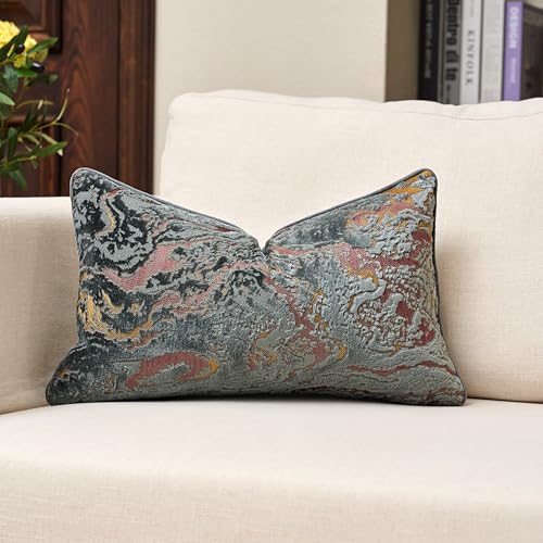 12x20 Pillow Cover, Grey Velvet Lumbar Pillow Cover for Modern Decor | Neutral Patterned Decorative Accent for Couch Sofa Living Room Bedroom, Rectange Jacquard Cushion Cover with Luxury & Visual - color: Grey Red, size: 20" x 12" (Pack of 1)