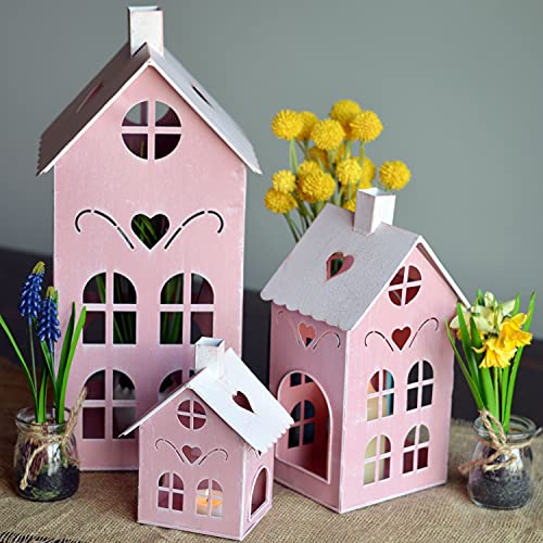 Pop Pink Town House Candle Lanterns, Set of 3, Metal, 15.75, 10.25, and 6 Inches Tall, - color: Pink