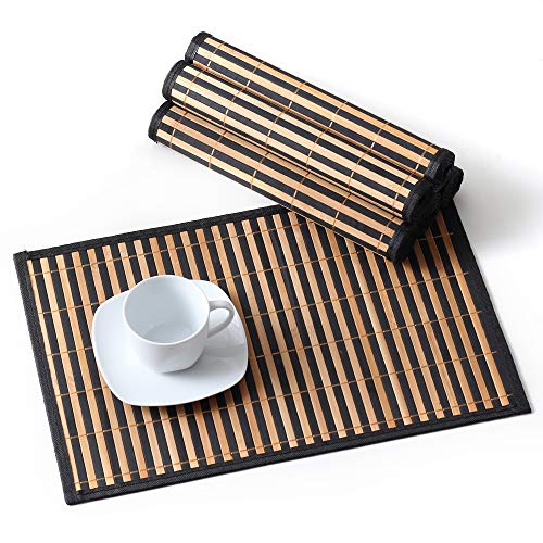 LOVECASA Placemats Set of 6, Bamboo Table Mats Set with Leaf Pattern, 18'' × 12'' Woven Placemat, Washable Heat-Resistant Place Mats for Kitchen, Black Leaf - color: Black