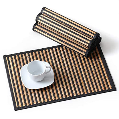 LOVECASA Placemats Set of 6, Bamboo Table Mats Set with Leaf Pattern, 18'' × 12'' Woven Placemat, Washable Heat-Resistant Place Mats for Kitchen, Black Leaf - color: Black