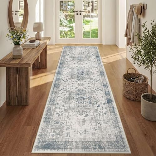 2'6" x 8' Blue Vintage Runner Rug for Hallways Kitchen | Soft,Machine Washable & Non Slip,Low Pile,Ideal for Girls Room, Nursery,Kids Room - color: Blue & Grey, size: 2'6" x 8' (Runner)
