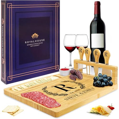 Personalized Cheese Board and Knife Set with Magnetic Holder | Serving Tray for Crackers, Meat, and Wine, Anniversary - style: Personalized Cheese Board Set with Magnet Hold
