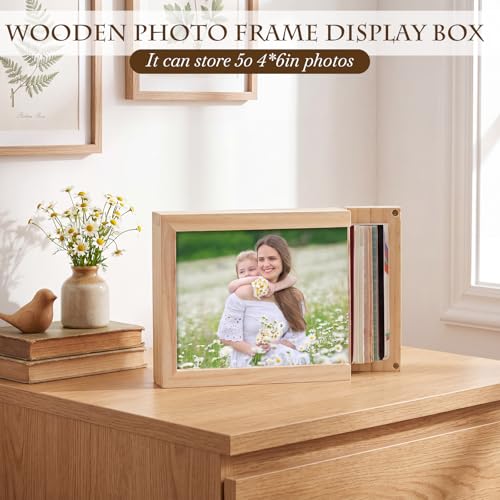 Gerrii Wooden Shadow Photo Storage Frame Box for 4 x 6 in Photo Display, Magnetic Door Store with High Definition Acrylic Postcard Memory Keepsake for 50 Picture Tabletop Housewarming Birthdays Gift