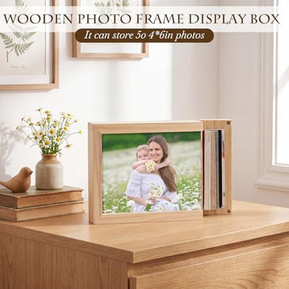 Gerrii Wooden Shadow Photo Storage Frame Box for 4 x 6 in Photo Display, Magnetic Door Store with High Definition Acrylic Postcard Memory Keepsake for 50 Picture Tabletop Housewarming Birthdays Gift