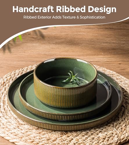 GBHOME Stoneware Dinnerware Sets for 4, 12 Pieces Plates and Bowls Set | Lightweight Ceramic Ribbed Dishes,Reactive Glaze Stackable Plate Set,Scratch Resistant,Microwave&Dishwasher Safe,Sage Green - color: Sage Green
