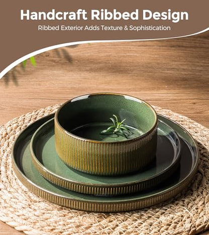 GBHOME Stoneware Dinnerware Sets for 4, 12 Pieces Plates and Bowls Set | Lightweight Ceramic Ribbed Dishes,Reactive Glaze Stackable Plate Set,Scratch Resistant,Microwave&Dishwasher Safe,Sage Green - color: Sage Green