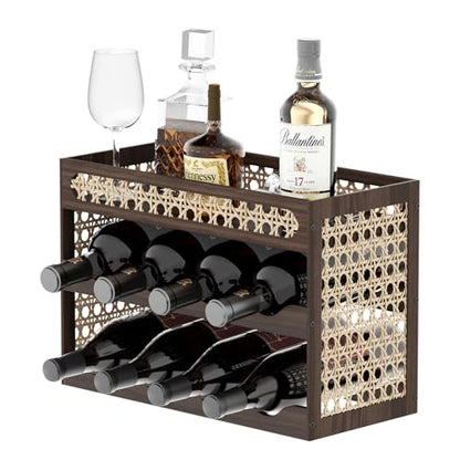 3-Tier Counter Wine Rack, Wine Racks Countertop & Wine Rack for Inside Cabinet - Solid Pine Wood & Rattan Mesh, Tilted Design, Portable Bar for Home Kitchen