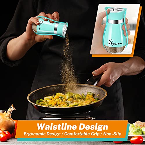 Salt and Pepper Shakers - 2-Piece 4 oz Cyan-Blue Glass Set with Steel Lids | Refillable Glass Shakers with Stainless Steel Lids for Cooking, Dining, RV Trips, Camping and BBQs; 4 oz Capacity Each. - color: Cyan-Blue