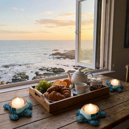 Reallnaive 2 Pcs Sea Turtle Tealight Candle Holder for Beach, Ocean Ceramic Turtle Candle Holder, Rustic Nautical Coastal Table Decor for Beach Bar Home Kitchen Housewarming Decor Gifts