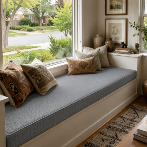 Custom Size Bench Cushion for Indoor/Outdoor Furniture, Window Seat & Bay Window Cushion, Thick 75D High-Density Foam, Scratch-Resistant Fabric, Secure Non-Slip Bottom, Elegant Gray - color: Herringbone Weave-elegant Gray