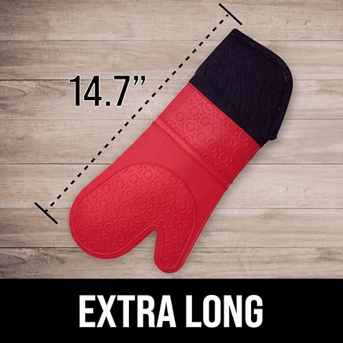 BPA-Free Soft Silicone Oven Mitts - Ultra Heat Resistant Oven Mitts with Thick Cotton Liner - Extra Long Slip Resistant Pot Holders, Flexible Oven Gloves - color: Canyon Red, size: 2-Piece 14.7" Oven Mitts