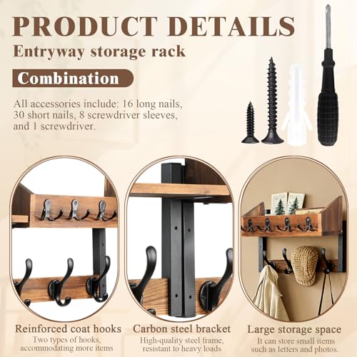 Scettar 29" Wood Coat Rack Wall Mount with Shelf, 4 in 1 Coat and Key Holder Wall Mount, Separable Entryway Wall Mounted Shelf withGreater Load-Bearing and Stability for Living Room, Bedroom, Garage