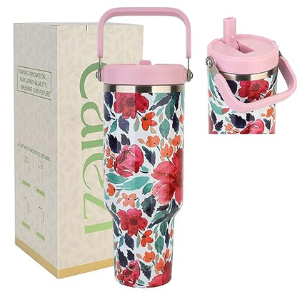 40 oz Insulated Tumbler with Top Handle and Flip Straw | Vacuum Insulated Stainless Steel Cup with Leak-Proof Lid, Sweat-Free, Fits Cup Holder, Keeps Ice Cold up to 30 Hours - color: Floral, size: 40 Ounces