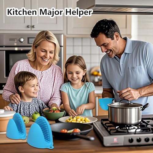 3 Pairs Oven Mitts Silicone Pot Holders Set Heat Resistant for Kitchen - Mini Silicone Oven Gloves Small Mittens Short Grips for Cooking & Baking, Blue - color: Blue