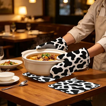 Cow Print Oven Mitts and Pot Holders Set of 4, Heat Resistant Non Slip Kitchen Gloves Hot Pads, Chef Cooking Baking Gifts for Women Bakers, Kitchen Gifts for Cooking Lover Cooks Mom - color: Cow Print