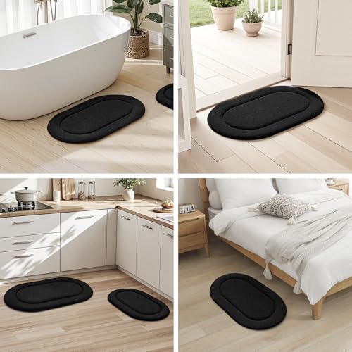HOMEIDEAS Black Oval Bathroom Rug Sets 2 Piece 20" x 32" + 16" x 24" | Microfiber Bath Mats, Non-Slip TPR Backing, Ultra Absorbent & Quick Dry, Machine Washable for Bathroom, Shower, Tub - color: Black