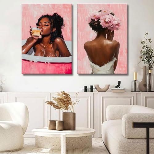 Framed modern abstract African American women's wall Art (Set 2), canvas high-definition printing, Bohemian black girl bathtub coffee fashion with pink flower on her head Black woman picture, living room, bedroom, bathroom, office decoration, 12x16 inches