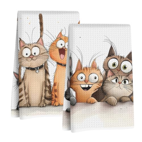 Jztco 2 Pcs Cute Cat Kitchen Towels, Cats Soft Absorbent Hand Tea Towel | Microfiber Dish Cloths for Drying Dishes, Waffle Dish Towels for Kitchen Bathroom Decor, Cat Lover Gifts for Women - color: Multi 1429