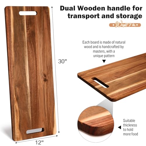 2 Pcs Acacia Wooden Charcuterie Boards Acacia Serving Board with Handle Rectangular Hollow Handle Wood Tray Wooden Serving Platter Wood Server for Cheese Food(30 x 12 Inch) - size: 30 x 12 Inch