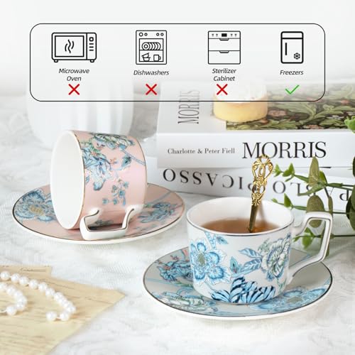 KAMMAK Tea Cups and Saucers Set of 2, Porcelain Coffee Cups, NX043 | Gold Rim, Stackable Espresso Mugs, Ceramic Demitasse for Coffee, Latte, Americano, Afternoon Tea, Elegant Gift for Women - size: 8CZNX043+44
