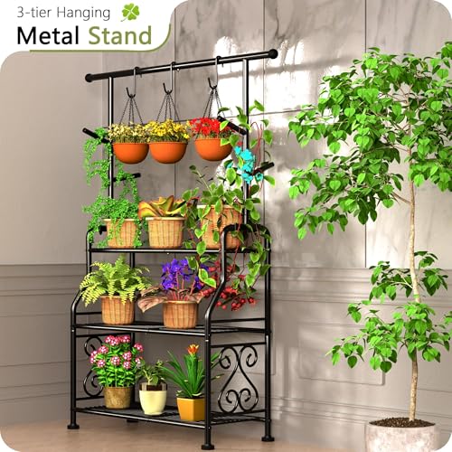 GIOTORENT Plant Stand Indoor, 3-Tier Heavy Duty Metal Shelf for Patio & Indoor, Tall Plant Holds 14+ Plants with 5 Hooks, Rust-Proof Plant Holder for Garden, Balcony, Living Room, Black - size: B-3Tier-Hanger