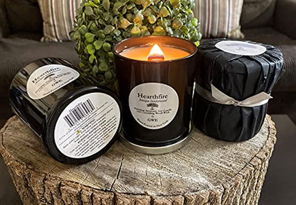 Hearthfire - Sandalwood Scented Soy Candle w/Natural Oils, Wood Wick, Smoky Dark Sweet, Made in The USA in Black Jar - Aromatherapy, Gifts for Housewarming, Birthday, Holidays, Sympathy, Men, Women