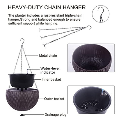 Vencer 11 Inch Round Resin Rattan Hanging Planters,Coffee,VF-A15-C | Self Watering,Drain Hole,Metal Chain,Water Indicator,Indoor Outdoor - color: Coffee