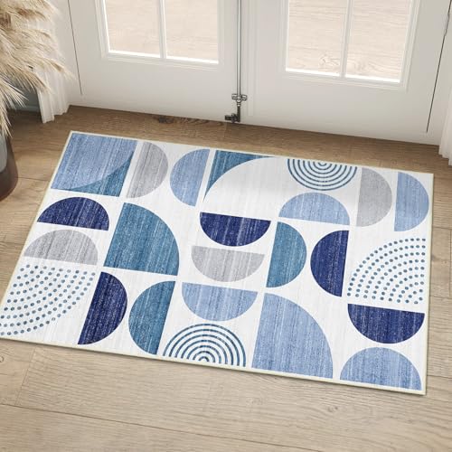Blue Small Rug Washable,2x3 Area Rugs Non Slip Modern Abstract | Machine Washable Throw Carpet for Entryway Bathroom Entry Entrance Bedroom Kitchen Boho Soft Low Pile Indoor Navy Blue - color: Blue and Grey, size: 2' x 3' (Rectangular)
