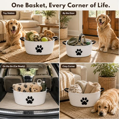 Dog Toy Basket with Handles, Cotton Rope Storage Bin Organizer for Pets | Holds toys, blankets, leashes & dog stuff. Machine washable, collapsible, free-standing woven bin with embroidered paw. - color: White/Black