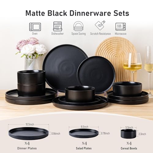 GBHOME Ceramic Dinnerware Sets of 4,Stoneware Plates and Bowls Sets,Chip and Crack Resistant | Dishwasher & Microwave Safe Dishes Set,Scratch Resistant- Service for 4 (12pc)-Matte Black | Lightweight Ceramic Dish Set,Oven & Microwave,Dishwasher Safe,Scrat