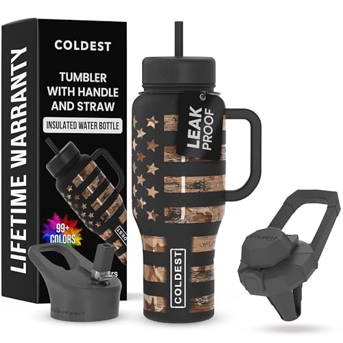 Coldest Tumbler with Handle and Straw, 100% Leak Proof Insulated Tumbler with Lid and Straw (3 Lids), Stainless Steel Tumblers for Women & Men, Cup Holder Friendly, 36 oz (Camouflage Flag) - color: Camouflage Flag, size: 36 oz