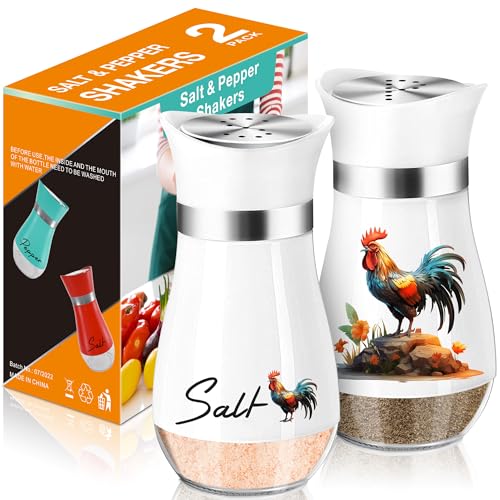 Arrozon Rooster Salt and Pepper Shakers - 4 oz Glass Set, Steel Lids | Rooster Design with Glass Bottoms and Stainless Steel Lids Adds Farmhouse Charm to Kitchen Counters and Makes Refilling Easy. - color: Rooster