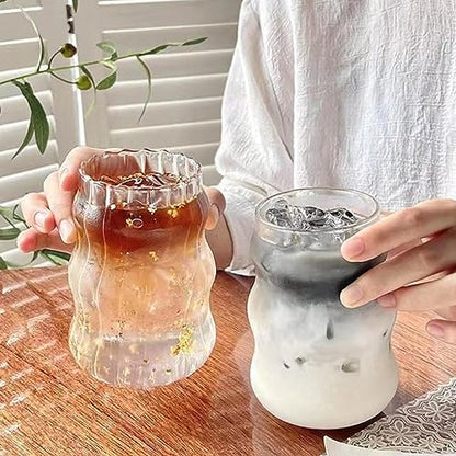 2 Pcs Ribbed Glass Cups, 18 Oz Vintage Drinking Glassware with Wave Design | Iced Coffee Cups Glass, Matcha Glass Bubble Cups for Iced Coffee, Juice, Beverage, Milk, Cocktails, Bubble Tea, and More
