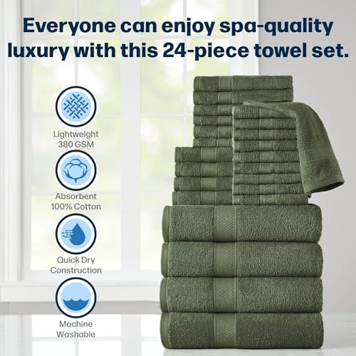 24-Piece Set of Towels, Lightweight 380 GSM Cotton Towels, Quick Drying, Absorbent Hand Towels, Fingertip Towels, Bath Towels, & Washcloths, Olive - color: Olive