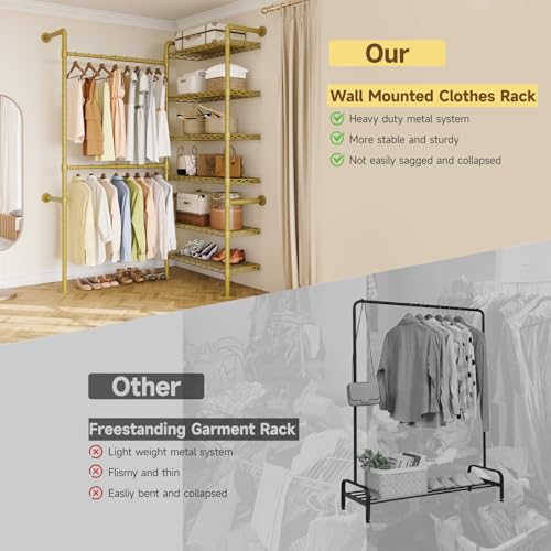 L2 Wall Mounted Closet System, Industrial Pipe Clothing Rack, Gold | Metal Clothes Rack with 2 Telescopic Rods & 6 Shelves, Heavy Duty Closet Organizers for Wardrobe, Reach-in & Walk-in Closets - color: Gold