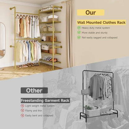 L2 Wall Mounted Closet System, Industrial Pipe Clothing Rack, Gold | Metal Clothes Rack with 2 Telescopic Rods & 6 Shelves, Heavy Duty Closet Organizers for Wardrobe, Reach-in & Walk-in Closets - color: Gold