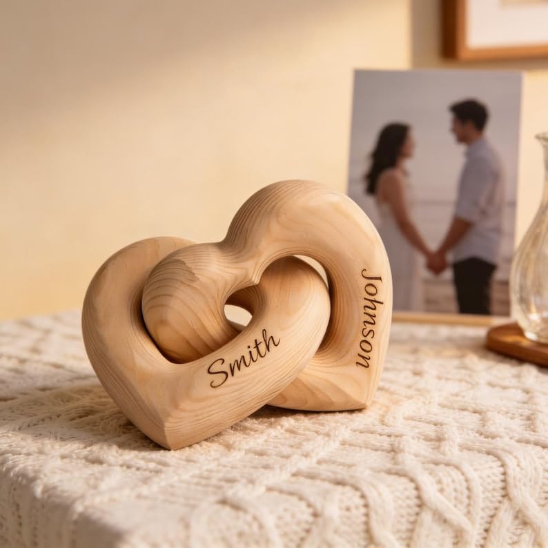Personalized Interlocking Wooden Hearts, Custom Name Date Engraved Couple Gift, Wedding Anniversary Keepsake, Romantic Decor, Valentine Gift, Bridal Shower Gifts, Engagement Present 4 - color: Design 04