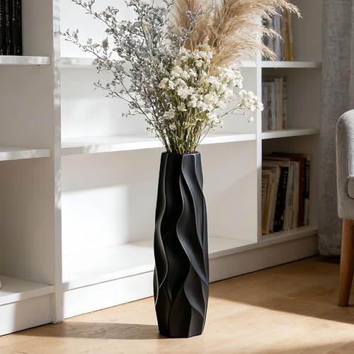 Black Tall Ceramic Floor Vase, 15.7 Inch, Pleated Wave Design | Matte Finish, Narrow Corners, Entryway, Bedroom, Compact Spaces - size: 15.7 Inch