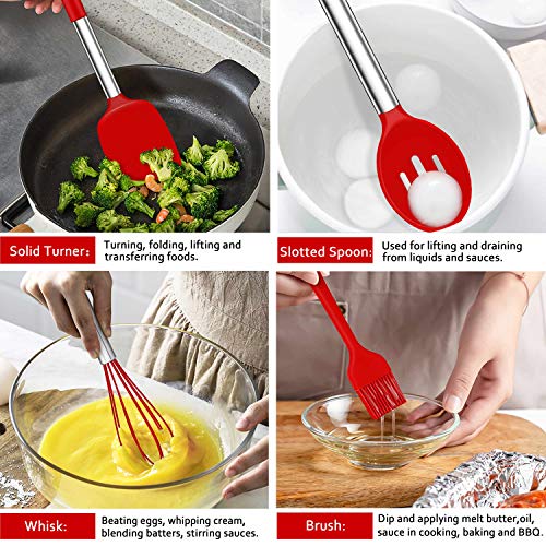 LIANYU 27 PCS Kitchen Utensils Set with Holder, Silicone Cooking Utensils Spatula Set with Stainless Steel Handle, Kitchen Cooking Gadgets Tools for Nonstick Cookware Set, Heat Resistant, Red - color: Red