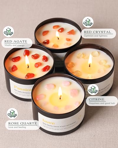 AOOVOO Crystal Energy Candles Set for Women - Soy Candle for Home Scented | 4 Pack 26 oz, 200 Hour Long Lasting Candle, Laughter Red Crystal/Love Rose Quartz/Joy Citrine/Passion Red Quartz - color: Energy Candles Set