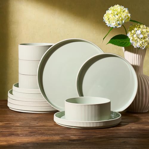 Famiware Ceramic Plates and Bowls Set, Dinnerware Sets, Ribbed Dishes for 4 | 12-Piece Stoneware Dishware, Lipped Edges, Chip & Scratch Resistant, Microwave & Dishwasher Safe, Everyday Use, Light Green - color: Light Green, size: Service for 4